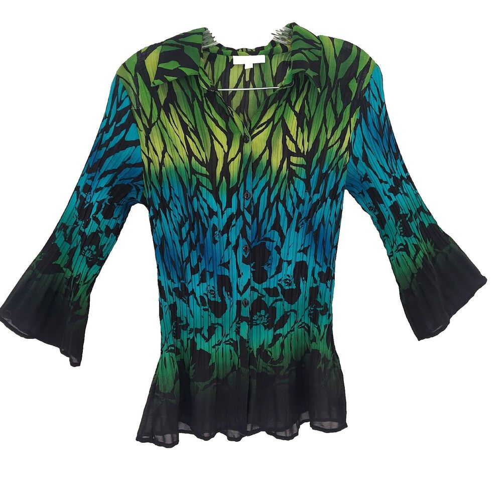 Fashion Bug Colorful Button Up Blouse Medium Shirt Accordion Ombre Green Blue